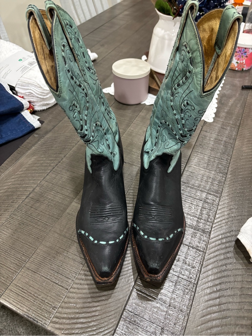 Tony Lama Black and Teal Lace-Up Western Boots